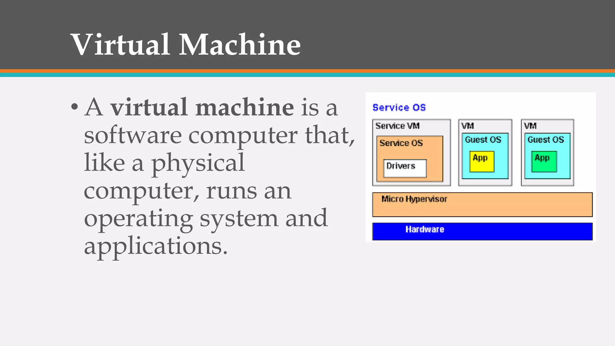 Virtual Machine
• A virtual machine is a
software computer that,
like a physical
computer, runs an
operating system and
applications.
 