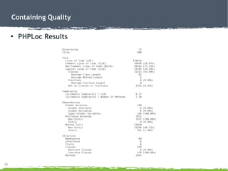 30
Containing Quality
●
PHPLoc Results
 