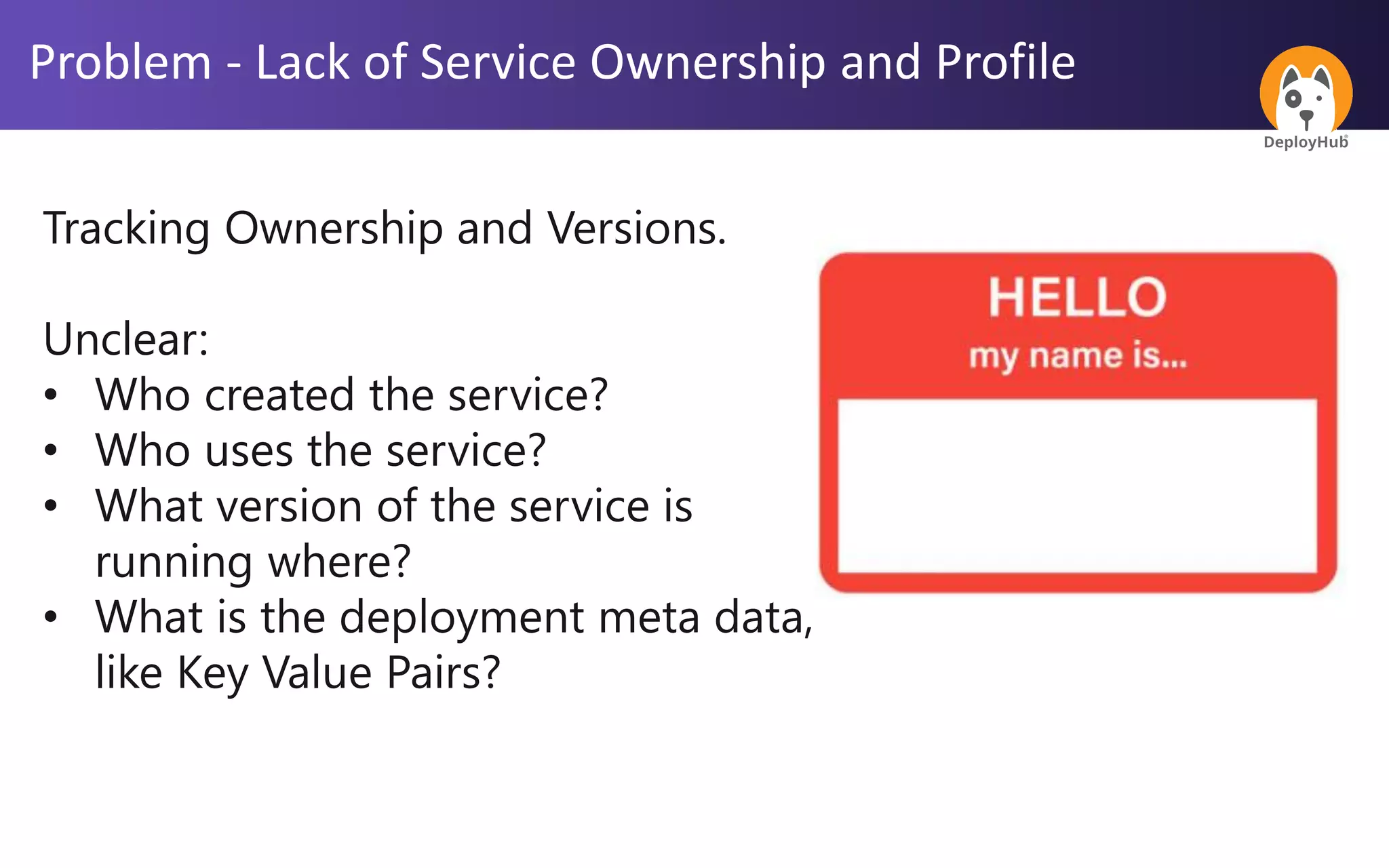 Problem - Lack of Service Ownership and Profile
Tracking Ownership and Versions.
Unclear:
• Who created the service?
• Who uses the service?
• What version of the service is
running where?
• What is the deployment meta data,
like Key Value Pairs?
 
