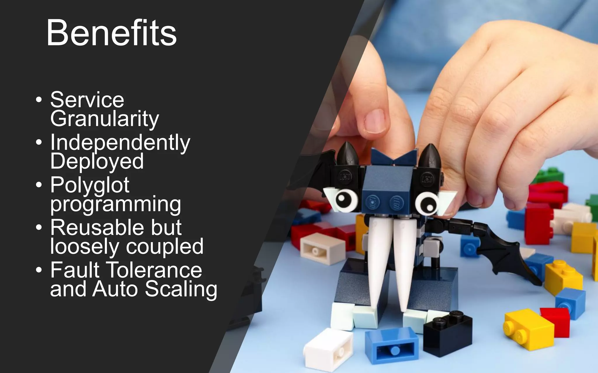 Benefits
• Service
Granularity
• Independently
Deployed
• Polyglot
programming
• Reusable but
loosely coupled
• Fault Tolerance
and Auto Scaling
 