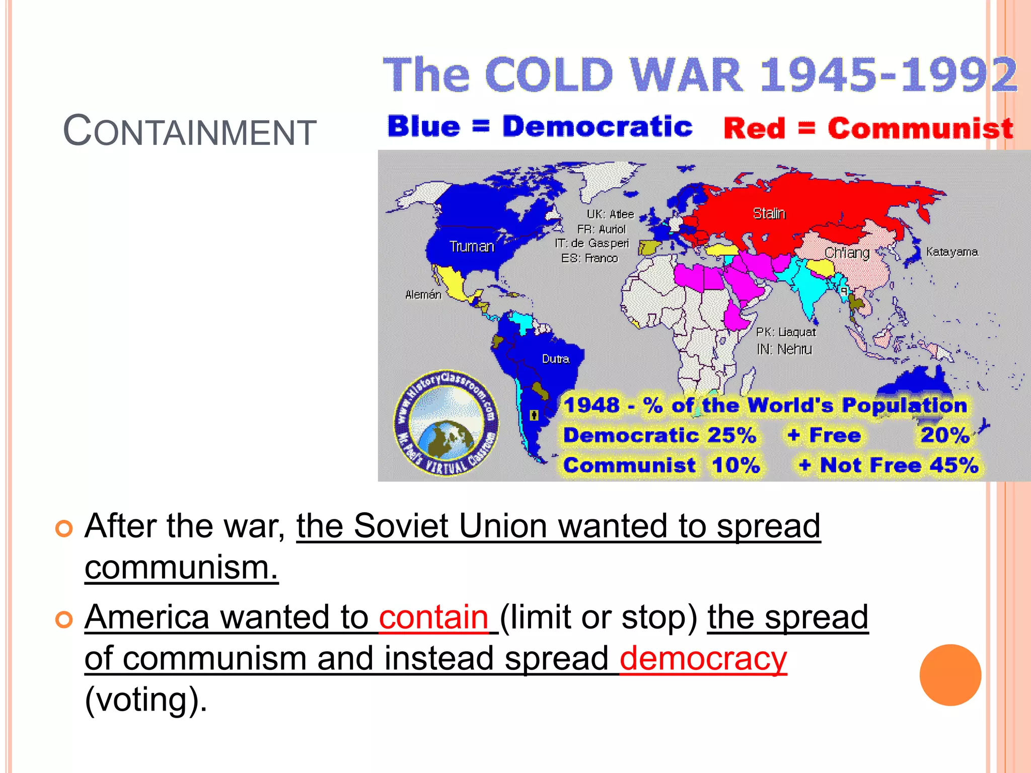 CONTAINMENT
 After the war, the Soviet Union wanted to spread
communism.
 America wanted to contain (limit or stop) the spread
of communism and instead spread democracy
(voting).
 