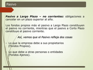 Pasivo
Pasivo a Largo Plazo – no corrientes: obligaciones a
cancelar en un plazo superior al año.
Los fondos propios más el pasivo a Largo Plazo constituyen
el pasivo no corriente, mientras que el pasivo a Corto Plazo
constituye el pasivo corriente.
Así, vemos que el Pasivo refleja dos cosas
- Lo que la empresa debe a sus propietarios
(Fondos Propios).
- Lo que debe a otras personas o entidades
(Fondos Ajenos).
 