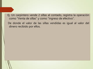 Ej. Un carpintero vende 2 sillas al contado, registra la operación
como “Venta de sillas” y como “ingreso de efectivo”.
De donde el valor de las sillas vendidas es igual al valor del
dinero recibido por ellos.
 