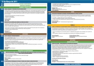 22 de Março de 2011
08h00                                           RECEPÇÃO E CREDENCIAMENTO                                                         • Os programas de estágio do Itaú Unibanco
                                                                                                                                  • Principais reformulações adotadas pelo banco em seu programa de trainee
08h45                                             ABERTURA DA CONFERÊNCIA                                                         • Uso da internet e redes sociais
                                                                                                                                  • Principais resultados obtidos e desafios superados
                                               CENÁRIOS E PERSPECTIVAS                                                            Adriano Lima
                                                                                                                                  Twitter: @adrianolima_rh
09h00   COMO A GERAÇÃO Y É PERCEBIDA PELOS RHS BRASILEIROS?                                                                       Diretor de Gestão Corporativa de Pessoas
        A HR Academy e a NextView propuseram a pesquisa Contalento 2011; uma iniciativa para sabermos mais sobre                  ITAÚ UNIBANCO
        os desafios impostos às organizações pelos profissionais da geração. O estudo visou identificar a percepção
        dos profissionais de RH sobre essa geração de colaboradores e quais são as práticas de atuação mais usadas        13h00                                           ALMOÇO
        por suas empresas. O resultado deste estudo auxiliará sua empresa na definição de estratégias de gestão de
        jovens talentos.                                                                                                  14h00 EVOLUÇÃO DO PROGRAMA DE ATRAÇÃO E DESENVOLVIMENTO DE JOVENS TALENTOS
        • Apresentação dos principais resultados da pesquisa                                                                      Um dos mais inovadores trabalhos de atração e desenvolvimento de jovens é o programa realizado pelo
        • Tendências observadas                                                                                                   Santander no Brasil. Conheça as etapas de criação, desenvolvimento e resultados deste modelo inovador.
        • Algumas recomendações                                                                                                   • Co-criação – criando espaço para novas experiências
        Danilca Galdini                                                                                                           • Sonhos e ansiedades dos jovens, carreira e desenvolvimento
        Sócia Diretora                                                                                                            • As redes sociais como experiência de criação de vínculo e desenvolvimento dos jovens
        NEXT VIEW                                                                                                                 Paula Giannetti
                                                                                                                                  Superintendente de RH – Desenvolvimento Organizacional
09h30   COMO DEVE SER A EMPRESA DOS SONHOS NA VISÃO DOS JOVENS?                                                                   SANTANDER
        Os jovens estão mudando, 30% deles dizem ter interesse em permanecer mais de 20 anos na mesma
        organização. Entretanto esperam contrapartidas das empresas para se manterem fiéis. Então, porque a
        maioria das organizações sofrem com a retenção dos jovens profissionais? Será que estamos preparados para                                                                   PAINEL A
        cumprir e atender estas expectativas?
                                                                                                                          14h50 COMO AS ESTRATÉGIAS DE RECRUTAMENTO DEVEM SER REDESENHADAS PARA SE ADAPTAR AO NOVO CONTEXTO?
        • Quais foram as principais mudanças observadas no perfil e expectativa dos jovens para com as empresas?
        • De acordo com a pesquisa, qual é a empresa dos sonhos dos jovens?                                                       Os profissionais de recrutamento e seleção encontram-se diante de um grande desafio: atrair os melhores e
        • Tendências para os próximos anos                                                                                        mais alinhados candidatos, reduzir os custos e aumentar os resultados. Logo, o que deve ser reformulado para
                                                                                                                                  se alinhar aos anseios e expectativas dos candidatos da Geração Y?
        Sofia Esteves
        Presidente                                                                                                                • Como as estratégias de recrutamento devem ser adaptadas para garantir mais resultados com o jovem de
        CIA DE TALENTOS                                                                                                             hoje?
                                                                                                                                  • Como ampliar a relevância e atratividade da sua proposta aos candidatos da Geração Y?
10h00                                                   COFFEE BREAK
                                                                                                                                  Renato Bragatto                                Cristiane Meneses Oliver
10h30   “ESTA" GERAÇÃO Y É MESMO DIFERENTE?                                                                                       Gerente de Recursos Humanos                    Gerente Geral Corporativo de Atração de Talentos
        Entre os especialistas no tema discute-se a aplicabilidade da definição e conceituação da Geração Y no contexto           CIELO                                          VOTORANTIM
        da sociedade brasileira atual.
        Esta definição pode certamente impactar na escolha da melhor estratégia de gestão de jovens para superar os
        desafios na atração, desenvolvimento profissional, encontro de gerações e seus reflexos na organização.
                                                                                                                          15h50                                                   COFFEE BREAK
        • Esta Geração Y é mesmo diferente?
        • As outras gerações também não foram diferentes?
        • Quem criou o contexto em que vive esta geração?
                                                                                                                                                                             ENCONTRO DE GERAÇÕES
        • Esta geração é a criadora ou é a criatura da geração anterior?                                                  16h20   GRUPO DE ESTUDOS - COMO MAXIMIZAR O ENCONTRO DAS GERAÇÕES?
        • Podemos “rotular” todos os jovens brasileiros e aplicar à eles as definições que propõe o conceito da
          Geração Y ?                                                                                                             Novas realidades estão desafiando os líderes de hoje, que estão imaginando dezenas de cenários possíveis
        • E então?                                                                                                                para este e para os próximos anos, mas nada parece trazer segurança. As novas gerações trazem parte das
                                                                                                                                  respostas, mas para acessá-las os lideres precisam reavaliar todas as "verdades" que aprendemos nestes
        Jair Pianucci                                                                                                             últimos anos. O grande desafio é liderar e maximizar os resultados de equipes cada vez mais jovens e
        Diretor de Recursos Humanos                                                                                               questionadoras, atraindo, retendo e desenvolvendo os novos profissionais que estão chegando às empresas,
        METLIFE                                                                                                                   os jovens da Geração Y. Conheça as novas premissas de liderança:
                                            ESTRATÉGIAS DE RECRUTAMENTO                                                           • A velocidade das transformações - novas soluções, antigos problemas
                                                                                                                                  • Relacionamentos - A geração conectada
11h20      EMPLOYER BRANDING E ONBOARDING - ESTRUTURE UMA FORTE MARCA DE ATRAÇÃO SUSTENTADA POR UM                                • Novas premissas de liderança
                                       FORTE PLANO DE DESENVOLVIMENTO                                                             • Como integrar parceiros com expectativas e objetivos aparentemente distintos
        • Ações para atração de talentos                                                                                          • Transição das gerações
        • Processo de seleção e o alinhamento com a cultura do Google                                                             • Retenção de talentos
        • Ações de Retenção                                                                                                       • Formação de novos talentos e sucessores
                                                                                                                                  • Valores - o legado para as gerações futuras
        Mônica Santos
        Diretora de Recursos Humanos América Latina                                                                               Participe das discussões em grupo
        GOOGLE
                                                                                                                                  Sidnei Oliveira
                                                                                                                                  Consultor e Autor:
12h10 A CONSTRUÇÃO DE PROGRAMAS DE ESTÁGIO E TRAINEE QUE ATRAEM E GERAM RESULTADOS                                                Geração Y – O nascimento de uma nova versão de líderes
        Para aumentar as chances de sucesso, os programas de estágio e trainee devem ser construídos de forma
        compartilhada, ou seja, não só o RH da empresa, mas também as demais áreas devem estar envolvidas. É
        crucial que todos estejam sintonizados com o projeto de futuro da companhia. Entenda como o Itaú                  17h20                                    TÉRMINO DO 1º DIA DE CONFERÊNCIA
        Unibanco, que possui 42 mil colaboradores da Geração Y, se estruturou.
 