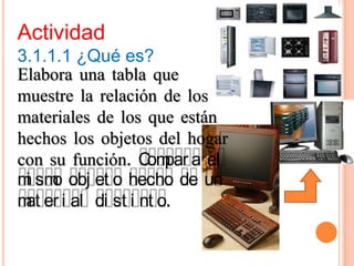 Actividad
3.1.1.1 ¿Qué es?
Elabora una tabla que
muestre la relación de los
materiales de los que están
hechos los objetos del hogar
con su función. C par a el
                   om
m sm obj et o hecho de un
 i o
m er i al di st i nt o.
 at
 