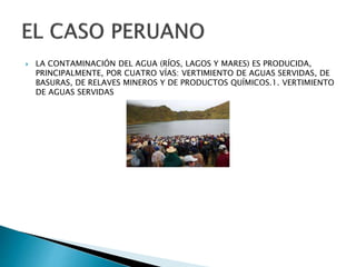  LA CONTAMINACIÓN DEL AGUA (RÍOS, LAGOS Y MARES) ES PRODUCIDA, 
PRINCIPALMENTE, POR CUATRO VÍAS: VERTIMIENTO DE AGUAS SERVIDAS, DE 
BASURAS, DE RELAVES MINEROS Y DE PRODUCTOS QUÍMICOS.1. VERTIMIENTO 
DE AGUAS SERVIDAS 
 