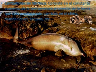 Contaminación térmica : Consiste en el constante aumento de la temperatura promedio de la tierra que está produciendo cambios en el clima, inundaciones, sequías, etc. 