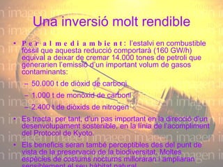 Una inversió molt rendible Per al medi ambient:  l’estalvi en combustible fòssil que aquesta reducció comportarà (160 GW/h) equival a deixar de cremar 14.000 tones de petroli que generarien l’emissió d’un important volum de gasos contaminants: 50.000 t de diòxid de carboni 1.000 t de monòxid de carboni 2.400 t de diòxids de nitrogen Es tracta, per tant, d’un pas important en la direcció d’un desenvolupament sostenible, en la línia de l’acompliment del Protocol de Kyoto. Els beneficis seran també perceptibles des del punt de vista de la preservació de la biodiversitat. Moltes espècies de costums nocturns milloraran i ampliaran sensiblement el seu hàbitat natural. 