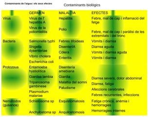 Contaminants de l'aigua i els seus efectes
Contaminants biològics
GERMEN MALALTIA EFECTES
Virus Virus de l'
hepatitis A
Virus de la
poliomielitis
Hepatitis
Polio
Febre, mal de cap i inflamació del
fetge
Febre, mal de cap i paràlisi de les
extremitats i del tronc
Bacteris Salmonella typhi
Shigella
dysenteriae
Vibrio cholera
Escherichia coli
Febres tifoideas
DisenterIA
Còlera
Enteritis
Vòmits i diarrea
Diarrea aguda
Vòmits i diarrea aguda
Vòmits i diarrea
Protozous Entamoeba
hystiolítica
Giardaa lambia
Tripanosoma
gambinese
Plasmodium
malariae
Disentería
amebiana
Giardia
Malaltia del somni
Paludisme
Diarrea severa, dolor abdominal
Diarrea, fatiga
Afeccions cerebrales
Febres recurrentes, infeccions
Nemátodos
(gusanos)
Schistosoma sp
Anchylostoma sp
Esquistomatosis
Anquilostomosis
Fatiga crònica, anèmia i
hemorragies
Hemorragies internes
 