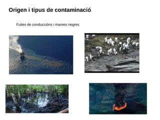 Origen i tipus de contaminació
Fuites de conduccións i marees negres
 