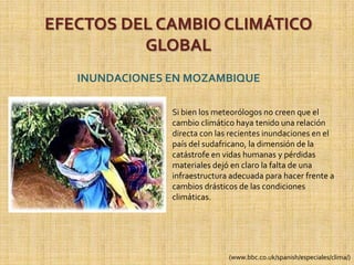 EFECTOS DEL CAMBIO CLIMÁTICO GLOBALAUMENTO DE LA TEMPERATURA(www.bbc.co.uk/spanish/especiales/clima/)