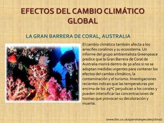 EFECTOS DEL CAMBIO CLIMÁTICO GLOBALLLUVIAS TORRENCIALES EN VENEZUELADiciembre de 1999. Intensas e inusuales lluvias afectan el litoral central, en especial el estado Vargas, aledaño a la capital, Caracas. Aludes de lodo y rocas sepultan a decenas de miles de personas y destruyen la mitad de esa zona turística y portuaria. El saldo: entre 25.000 y 50.000 muertos, 250.000 damnificados y 400.000 afectados o desplazados. Noviembre de 2000. Vuelven las lluvias torrenciales.(www.bbc.co.uk/spanish/especiales/clima/)