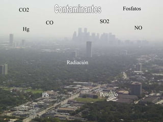 CO2 CO SO2 Fosfatos NO Hg Pb Petróleo Radiación Contaminantes 
