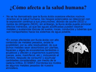 ¿Cómo afecta a la salud humana?
• No se ha demostrado que la lluvia ácida ocasione efectos nocivos
directos en la salud humana, los riesgos potenciales se relacionan con
la exposición continua a sus precursores, dióxido de azufre (SO2) y
óxidos de nitrógeno (NOX); sin embargo, la lluvia ácida puede provocar
efectos indirectos, ya que las aguas acidificadas pueden disolver
metales y sustancias tóxicas de suelos, rocas, conductos y tuberías que
son transportados hacia los sistemas de agua potable.
•En zonas afectadas por lluvia ácida con alto
contenido de metales pesados, existe la
posibilidad, por su alta residualidad, de que
dichos metales sean absorbidos por plantas,
líquenes y algas de ecosistemas terrestres o
acuáticos y afecten a organismos superiores
(peces, aves, mamíferos, etc.), incluyendo el
hombre, después de consumir y acumular
cantidades considerables, por medio de la
cadena trófica. El SIMAT monitorea los niveles
de algunos metales pesados de nuestra
atmósfera.
 