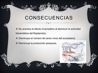 CONSECUENCIAS
 Se acentúa el efecto invernadero al disminuir la actividad
fotosintética del fitoplancton.
 Disminuye el número de seres vivos del ecosistema.
 Disminuye la producción pesquera.
 