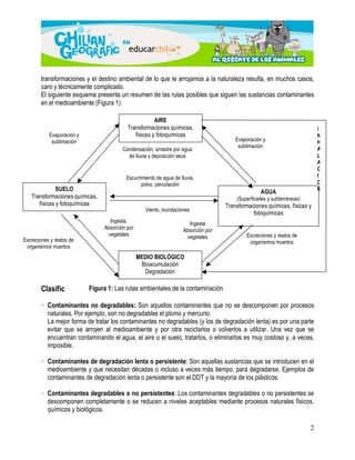 transformaciones y el destino ambiental de lo que le arrojamos a la naturaleza resulta, en muchos casos, 
caro y técnicamente complicado. 
El siguiente esquema presenta un resumen de las rutas posibles que siguen las sustancias contaminantes 
en el medioambiente (Figura 1). 
Evaporación y 
sublimación 
Transformaciones químicas, físicas y 
2 
Transformaciones químicas, 
físicas y fotoquímicas 
Evaporación y 
sublimación 
SUELO 
Transformaciones químicas, 
físicas y fotoquímicas 
Condensación, arrastre por agua 
de lluvia y deposición seca 
Escurrimiento de agua de lluvia, 
polvo, percolación 
Viento, inundaciones 
Ingesta. 
Absorción por 
vegetales 
Ingesta 
Absorción por 
vegetales 
Excreciones y restos de organismos muertos 
organismos muertos 
MEDIO BIOLÓGICO 
Bioacumulación 
Degradación 
Clasificación de los contaminantes 
AIRE 
AGUA 
(Superficiales y subterráneas) 
fotoquímicas 
Excreciones y restos de 
 Contaminantes no degradables: Son aquellos contaminantes que no se descomponen por procesos 
naturales. Por ejemplo, son no degradables el plomo y mercurio. 
La mejor forma de tratar los contaminantes no degradables (y los de degradación lenta) es por una parte 
evitar que se arrojen al medioambiente y por otra reciclarlos o volverlos a utilizar. Una vez que se 
encuentran contaminando el agua, el aire o el suelo, tratarlos, o eliminarlos es muy costoso y, a veces, 
imposible. 
 Contaminantes de degradación lenta o persistente: Son aquellas sustancias que se introducen en el 
medioambiente y que necesitan décadas o incluso a veces más tiempo, para degradarse. Ejemplos de 
contaminantes de degradación lenta o persistente son el DDT y la mayoría de los plásticos. 
 Contaminantes degradables o no persistentes: Los contaminantes degradables o no persistentes se 
descomponen completamente o se reducen a niveles aceptables mediante procesos naturales físicos, 
químicos y biológicos. 
I 
N 
H 
A 
L 
A 
C 
I 
O 
N 
Figura 1: Las rutas ambientales de la contaminación 
 