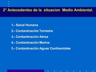 2° Antecedentes de la  situacion  Medio Ambiental. 1.- Salud Humana 2.- Contaminación Terrestre 3.- Contaminación Aérea 4.- Contaminación Marina 5.- Contaminación Aguas Continentales 