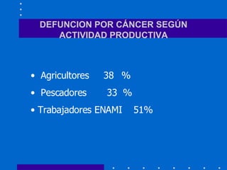 DEFUNCION POR CÁNCER SEGÚN ACTIVIDAD PRODUCTIVA Agricultores  38 % Pescadores  33  % Trabajadores ENAMI  51% 