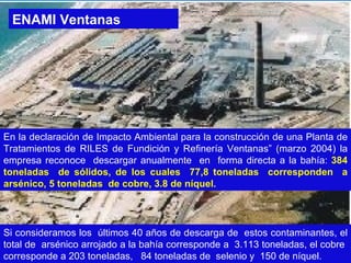 En la declaración de Impacto Ambiental para la construcción de una Planta de Tratamientos de RILES de Fundición y Refinería Ventanas” (marzo 2004) la empresa reconoce  descargar anualmente  en  forma directa a la bahía:  384 toneladas  de sólidos, de los cuales  77,8 toneladas  corresponden  a arsénico, 5 toneladas  de cobre, 3.8 de níquel.  Si consideramos los  últimos 40 años de descarga de  estos contaminantes, el total de  arsénico arrojado a la bahía corresponde a  3.113 toneladas, el cobre  corresponde a 203 toneladas,  84 toneladas de  selenio y  150 de níquel. ENAMI Ventanas 