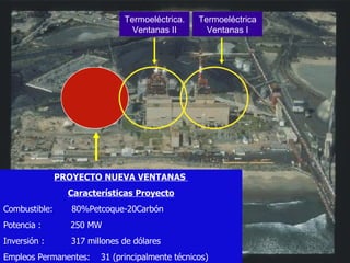 PROYECTO NUEVA VENTANAS  Características Proyecto Combustible:  80%Petcoque-20Carbón Potencia :  250 MW Inversión :  317 millones de dólares Empleos Permanentes:  31 (principalmente técnicos) Termoeléctrica Ventanas I Termoeléctrica. Ventanas II 