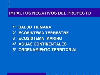 IMPACTOS NEGATIVOS DEL PROYECTO 1°  SALUD  HUMANA 2°  ECOSISTEMA TERRESTRE 3°  ECOSISTEMA  MARINO 4°  AGUAS CONTINENTALES  5°  ORDENAMIENTO TERRITORIAL 