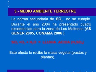 3.- MEDIO AMBIENTE TERRESTRE La norma secundaria  de  SO 2   no se  cumple .  Durante  el año 2004 ha presentado cuatro excedencias para la zona de Los Maitenes  (AS GENER 2005 , CONAMA 2006  ) SO 2  +O 2  + H 2 O  =  LLUVIA  ACIDA (H 2 SO 4 ) Este efecto lo recibe la masa vegetal (pastos y plantas). 