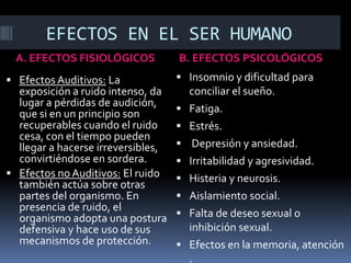 EFECTOS EN EL SER HUMANOA. EFECTOS FISIOLÓGICOSB. EFECTOS PSICOLÓGICOSInsomnio y dificultad para conciliar el sueño.Fatiga.Estrés. Depresión y ansiedad.Irritabilidad y agresividad.Histeria y neurosis.Aislamiento social.Falta de deseo sexual o inhibición sexual.Efectos en la memoria, atención .Efectos Auditivos: La exposición a ruido intenso, da lugar a pérdidas de audición, que si en un principio son recuperables cuando el ruido cesa, con el tiempo pueden llegar a hacerse irreversibles, convirtiéndose en sordera.Efectos no Auditivos: El ruido también actúa sobre otras partes del organismo. En presencia de ruido, el organismo adopta una postura defensiva y hace uso de sus mecanismos de protección. 