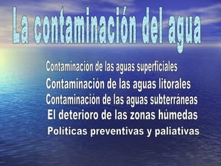 La contaminación del agua Contaminación de las aguas superficiales Contaminación de las aguas litorales Contaminación de las aguas subterráneas El deterioro de las zonas húmedas Políticas preventivas y paliativas 