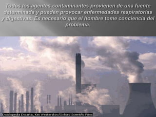 Todos los agentes contaminantes provienen de una fuente determinada y pueden provocar enfermedades respiratorias y digestivas. Es necesario que el hombre tome conciencia del problema. 