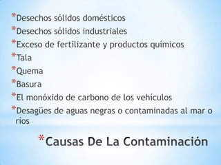 *Desechos sólidos domésticos
*Desechos sólidos industriales
*Exceso de fertilizante y productos químicos
*Tala
*Quema
*Basura
*El monóxido de carbono de los vehículos
*Desagües de aguas negras o contaminadas al mar o
 ríos

        *
 