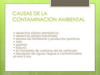 CAUSAS DE LA
CONTAMINACION AMBIENTAL
• desechos sólidos domésticos
• desechos sólidos industriales
• exceso de fertilizante y productos químicos
• tala
• quema
• basura
• el monóxido de carbono de los vehículos
• desagües de aguas negras o contaminadas
al mar o ríos

 