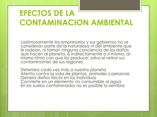 EFECTOS DE LA
CONTAMINACION AMBIENTAL
Lastimosamente los empresarios y sus gobiernos no se
consideran parte de la naturaleza ni del ambiente que
le rodean, ni toman ninguna conciencia de los daños
que hacen al planeta, e indirectamente a sí misma, al
mismo ritmo con que los produce; salvo el retirar sus
contaminantes de sus regiones.
Deteriora cada vez más a nuestro planeta
Atenta contra la vida de plantas, animales y personas
Genera daños físicos en los individuos
Convierte en un elemento no consumible al agua
En los suelos contaminados no es posible la siembra

 