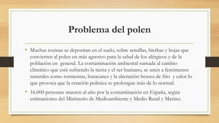 Problema del polen
• Muchas toxinas se depositan en el suelo, sobre semillas, hierbas y hojas que
convierten al polen en más agresivo para la salud de los alérgicos y de la
población en general. La contaminación ambiental sumada al cambio
climático que está sufriendo la tierra y el ser humano, se unen a fenómenos
naturales como tormentas, huracanes y la alteración brusca de frío y calor lo
que provoca que la estación polínica se prolongue más de lo normal.
• 16.000 personas mueren al año por la contaminación en España, según
estimaciones del Ministerio de Medioambiente y Medio Rural y Marino.
 