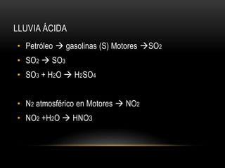LLUVIA ÁCIDA
• Petróleo  gasolinas (S) Motores SO2
• SO2  SO3
• SO3 + H2O  H2SO4
• N2 atmosférico en Motores  NO2
• NO2 +H2O  HNO3
 