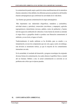 Contaminación ambiental en el mundo y en la región de cajamarca | DOCX