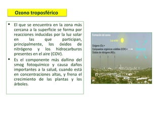  El que se encuentra en la zona más
cercana a la superficie se forma por
reacciones inducidas por la luz solar
en las que participan,
principalmente, los óxidos de
nitrógeno y los hidrocarburos
presentes en el aire (COV).
 Es el componente más dañino del
smog fotoquímico y causa daños
importantes a la salud, cuando está
en concentraciones altas, y frena el
crecimiento de las plantas y los
árboles.
Ozono troposférico
 