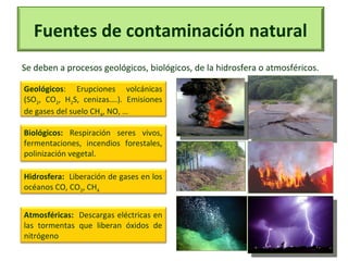 Fuentes de contaminación natural
Se deben a procesos geológicos, biológicos, de la hidrosfera o atmosféricos.
Geológicos: Erupciones volcánicas
(SO2, CO2, H2S, cenizas….). Emisiones
de gases del suelo CH4, NO, …
Biológicos: Respiración seres vivos,
fermentaciones, incendios forestales,
polinización vegetal.
Hidrosfera: Liberación de gases en los
océanos CO, CO2, CH4
Atmosféricas: Descargas eléctricas en
las tormentas que liberan óxidos de
nitrógeno
 