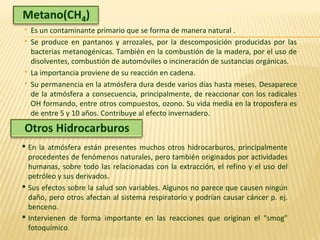  Es un contaminante primario que se forma de manera natural .
 Se produce en pantanos y arrozales, por la descomposición producidas por las
bacterias metanogénicas. También en la combustión de la madera, por el uso de
disolventes, combustión de automóviles o incineración de sustancias orgánicas.
 La importancia proviene de su reacción en cadena.
 Su permanencia en la atmósfera dura desde varios días hasta meses. Desaparece
de la atmósfera a consecuencia, principalmente, de reaccionar con los radicales
OH formando, entre otros compuestos, ozono. Su vida media en la troposfera es
de entre 5 y 10 años. Contribuye al efecto invernadero.
 En la atmósfera están presentes muchos otros hidrocarburos, principalmente
procedentes de fenómenos naturales, pero también originados por actividades
humanas, sobre todo las relacionadas con la extracción, el refino y el uso del
petróleo y sus derivados.
 Sus efectos sobre la salud son variables. Algunos no parece que causen ningún
daño, pero otros afectan al sistema respiratorio y podrían causar cáncer p. ej.
benceno.
 Intervienen de forma importante en las reacciones que originan el "smog"
fotoquímico.
 