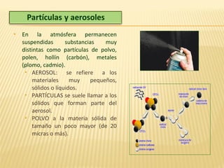  En la atmósfera permanecen
suspendidas substancias muy
distintas como partículas de polvo,
polen, hollín (carbón), metales
(plomo, cadmio).
 AEROSOL: se refiere a los
materiales muy pequeños,
sólidos o líquidos.
 PARTÍCULAS se suele llamar a los
sólidos que forman parte del
aerosol.
 POLVO a la materia sólida de
tamaño un poco mayor (de 20
micras o más).
 