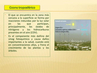  El que se encuentra en la zona más
cercana a la superficie se forma por
reacciones inducidas por la luz solar
en las que participan,
principalmente, los óxidos de
nitrógeno y los hidrocarburos
presentes en el aire (COV).
 Es el componente más dañino del
smog fotoquímico y causa daños
importantes a la salud, cuando está
en concentraciones altas, y frena el
crecimiento de las plantas y los
árboles.
 