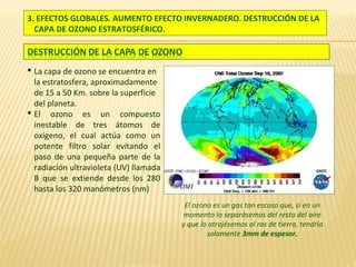 3. EFECTOS GLOBALES. AUMENTO EFECTO INVERNADERO. DESTRUCCIÓN DE LA
CAPA DE OZONO ESTRATOSFÉRICO.
 La capa de ozono se encuentra en
la estratosfera, aproximadamente
de 15 a 50 Km. sobre la superficie
del planeta.
 El ozono es un compuesto
inestable de tres átomos de
oxígeno, el cual actúa como un
potente filtro solar evitando el
paso de una pequeña parte de la
radiación ultravioleta (UV) llamada
B que se extiende desde los 280
hasta los 320 manómetros (nm)
El ozono es un gas tan escaso que, si en un
momento lo separásemos del resto del aire
y que lo atrajésemos al ras de tierra, tendría
solamente 3mm de espesor.
 