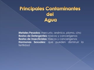 Principales Contaminantesdel AguaMetales Pesados: mercurio, arsénico, plomo, cincRestos de Detergentes: tóxicos y cancerígenosRestos de Insecticidas: tóxicos y cancerígenosHormonas Sexuales: que pueden disminuir la fertilidad
