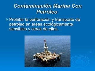 Contaminación Marina Con Petróleo   Prohibir la perforación y transporte de petróleo en áreas ecológicamente sensibles y cerca de ellas.  