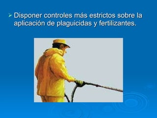Disponer controles más estrictos sobre la aplicación de plaguicidas y fertilizantes.  