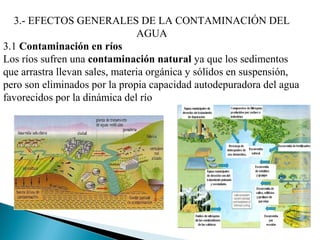 3.- EFECTOS GENERALES DE LA CONTAMINACIÓN DEL
                                AGUA
3.1 Contaminación en ríos
Los ríos sufren una contaminación natural ya que los sedimentos
que arrastra llevan sales, materia orgánica y sólidos en suspensión,
pero son eliminados por la propia capacidad autodepuradora del agua
favorecidos por la dinámica del río
 