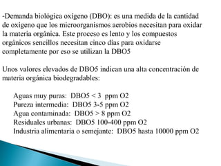 -Demanda biológica oxígeno (DBO): es una medida de la cantidad
de oxígeno que los microorganismos aerobios necesitan para oxidar
la materia orgánica. Este proceso es lento y los compuestos
orgánicos sencillos necesitan cinco días para oxidarse
completamente por eso se utilizan la DBO5

Unos valores elevados de DBO5 indican una alta concentración de
materia orgánica biodegradables:

   Aguas muy puras: DBO5 < 3 ppm O2
   Pureza intermedia: DBO5 3-5 ppm O2
   Agua contaminada: DBO5 > 8 ppm O2
   Residuales urbanas: DBO5 100-400 ppm O2
   Industria alimentaria o semejante: DBO5 hasta 10000 ppm O2
 
