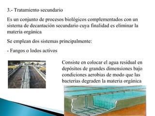3.- Tratamiento secundario
Es un conjunto de procesos biológicos complementados con un
sistema de decantación secundario cuya finalidad es eliminar la
materia orgánica
Se emplean dos sistemas principalmente:
- Fangos o lodos activos

                           Consiste en colocar el agua residual en
                           depósitos de grandes dimensiones bajo
                           condiciones aerobias de modo que las
                           bacterias degraden la materia orgánica
 