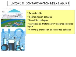 UNIDAD 11: CONTAMINACIÓN DE LAS AGUAS


          * Introducción
          * Contaminación del agua
          * La calidad del agua
          * Sistemas de tratamiento y depuración de las
          aguas
          * Control y protección de la calidad del agua
 