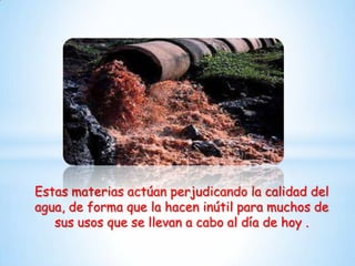 Estas materias actúan perjudicando la calidad del
agua, de forma que la hacen inútil para muchos de
sus usos que se llevan a cabo al día de hoy .

 