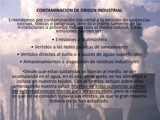 ACTIVIDAD MINERALa actividad minera también contamina los suelos, a través de las aguas de relave. De este modo, llegan hasta ellos ciertos elementos químicos como mercurio (Hg), cadmio (Cd), cobre (Cu), arsénico (As), plomo (Pb), etcétera. Algunos de sus efectos tóxicos son: alteración en el sistema nervioso y renal. En los niños, provoca disminución del coeficiente intelectual; en los adultos, altera su carácter, poniéndolos más agresivos.Otro caso es el arsénico que se origina en la industria minera. Su existencia es natural en la II Región. Este mineral produce efectos tóxicos a nivel de la piel, pulmones, corazón y sistema nervioso.